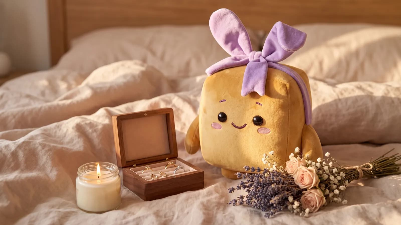 Schenky auf einem Bett mit Schmuckkästchen, Kerze und Trockenblumen