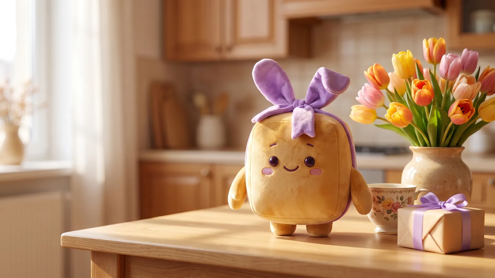 Schenky, das Plüsch-Geschenk, auf einem Küchentisch mit Tulpenstrauß, Teetasse und kleinem Geschenk